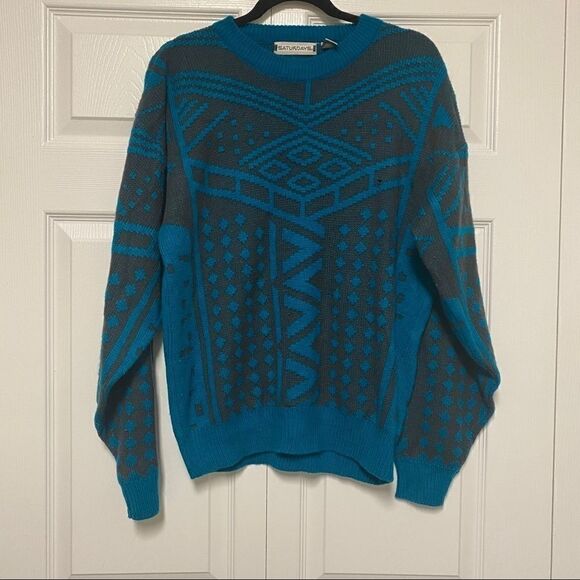 Saturdays, large, teal blue and grey sweater - Picture 1 of 8